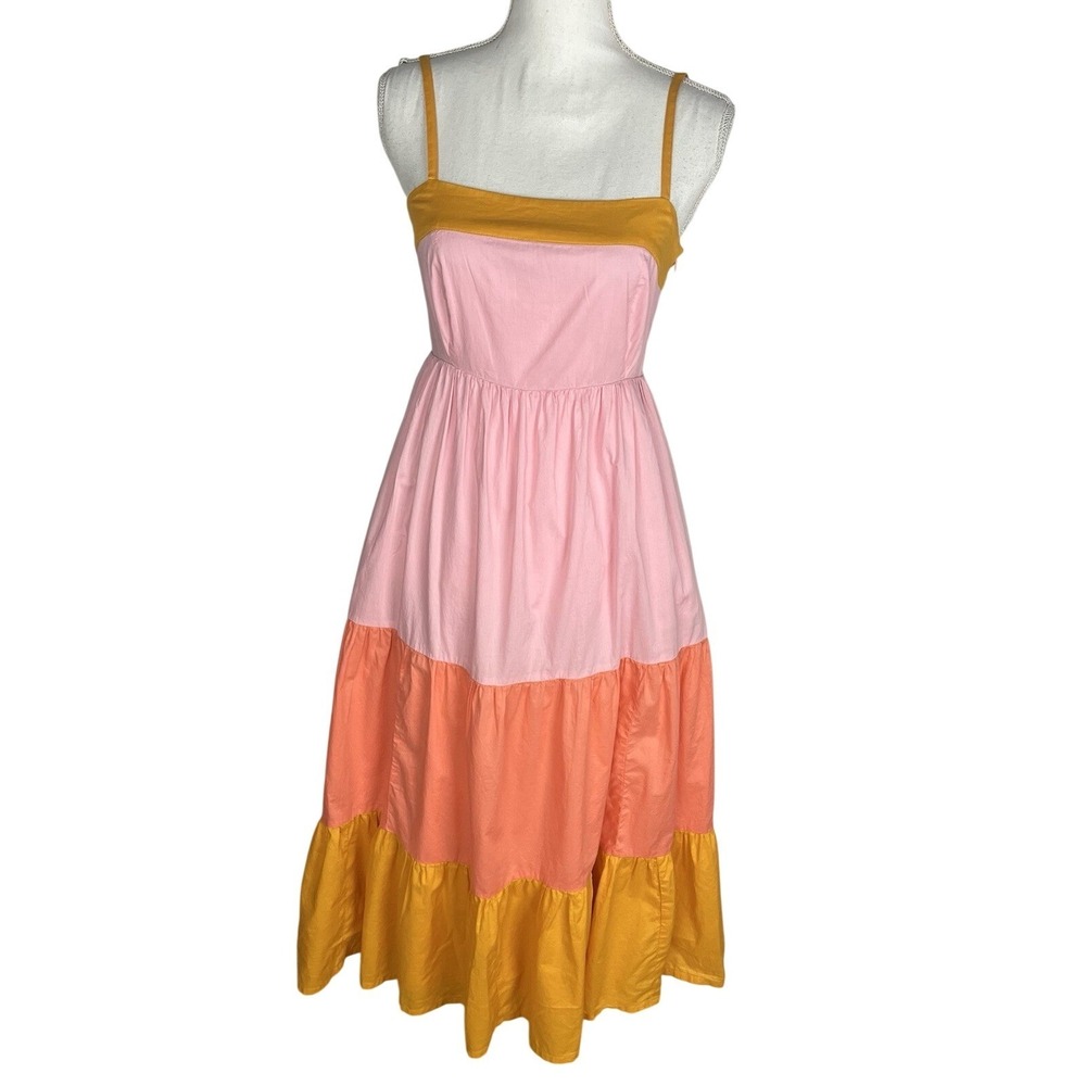 J Crew Dress Colorblock Tiered Maxi Cotton Poplin Boho Flowy Pockets Size‎ 00
